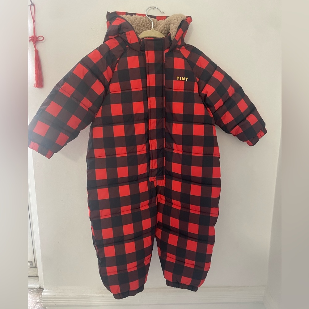 TINYCOTTONS Baby Snowsuit Black and Red checkered Excellent Condition. LIKE NEW